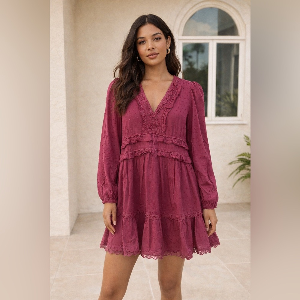 Baby Pink Garden Girl Boho Swiss Dot Lace Ruffle Mini Dress Burgundy Medium NWT